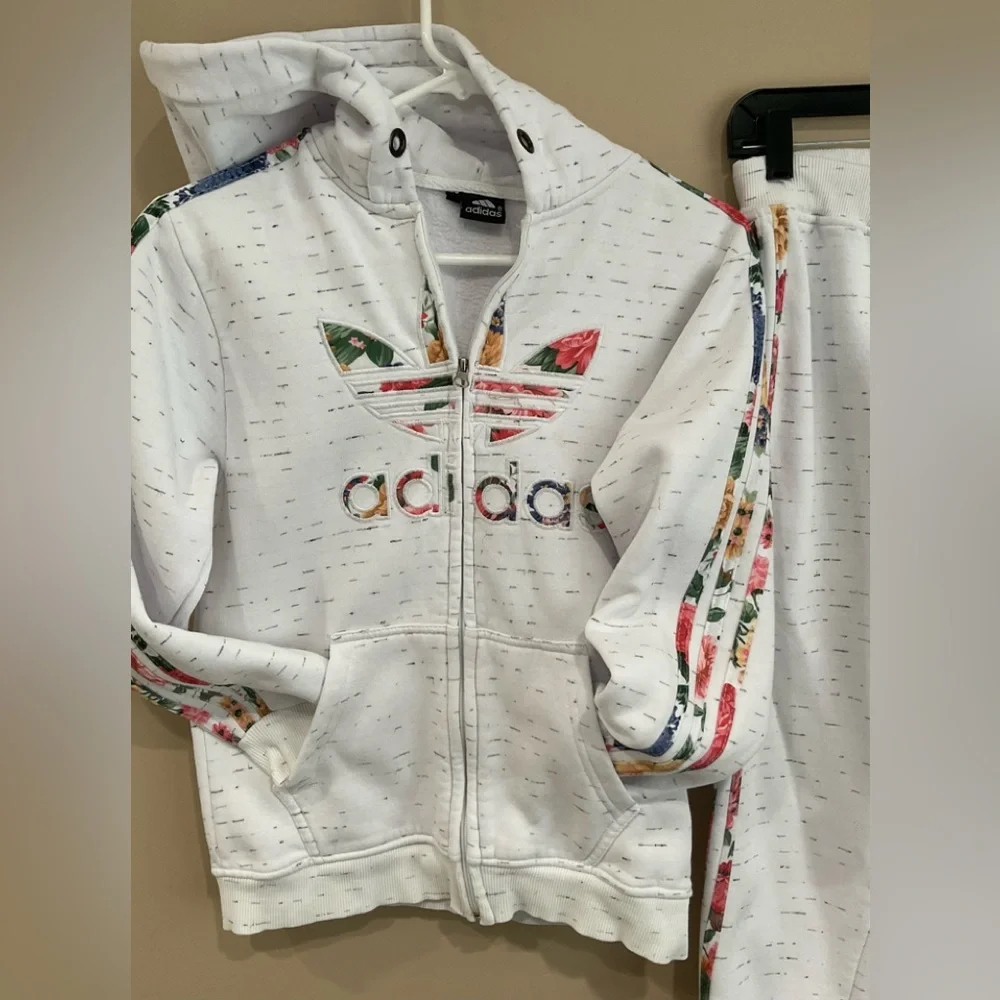 ☀️Adidas Kids White Kangaroo Hoodie & Pants Fleece Lined Tracksuit, 10-12 Y